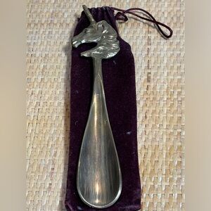 Vintage brass Unicorn shoe horn in velvet bag